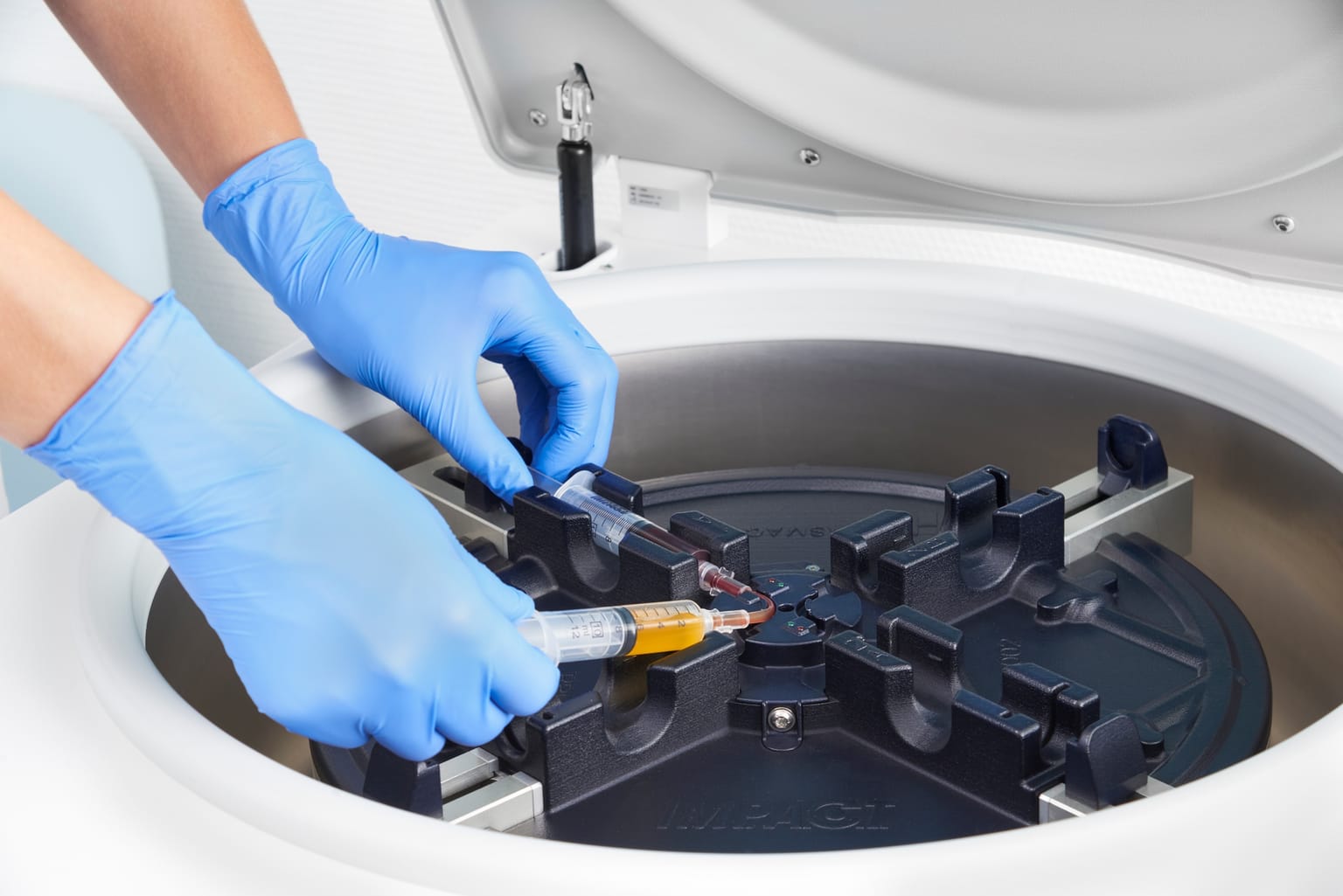 Zwei Spritzen mit Blut und aufbereitetem Plasma werden in den Rotor einer Laborzentrifuge eingesetzt